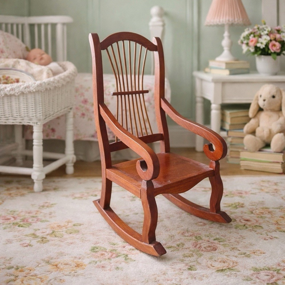 Vintage Handcrafted Miniature Wooden Rocking Chair | Spindle Back Folk Art 14"